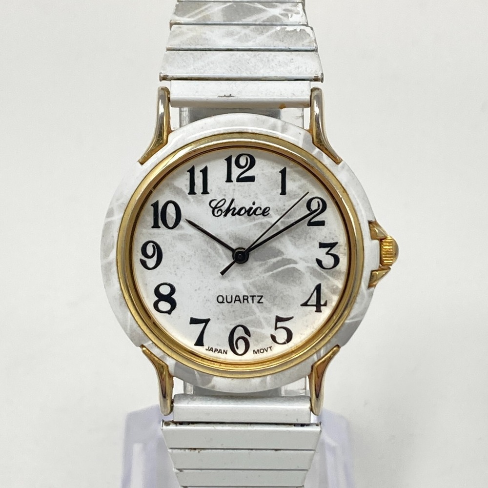 Vintage Choice Womens Watch 31mm White Gold Tone Marble Look Stretch New Battery